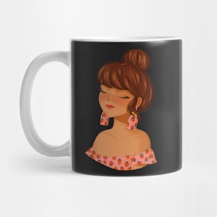 Girl character with a high bun strawberry pattern Mug